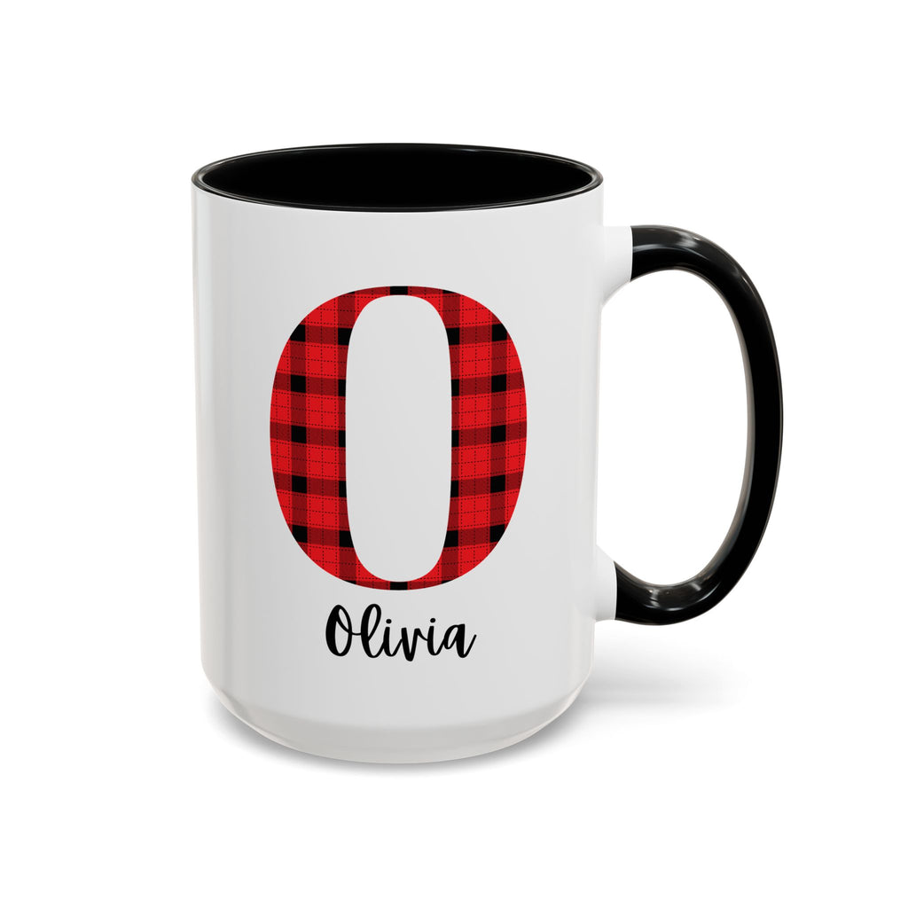 Personalized Buffalo Plaid Initial Mug – Custom Name Accent Coffee Mug (11/15oz), Cozy Winter & Christmas Gift