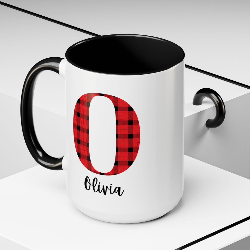 Personalized Buffalo Plaid Initial Mug – Custom Name Accent Coffee Mug (11/15oz), Cozy Winter & Christmas Gift