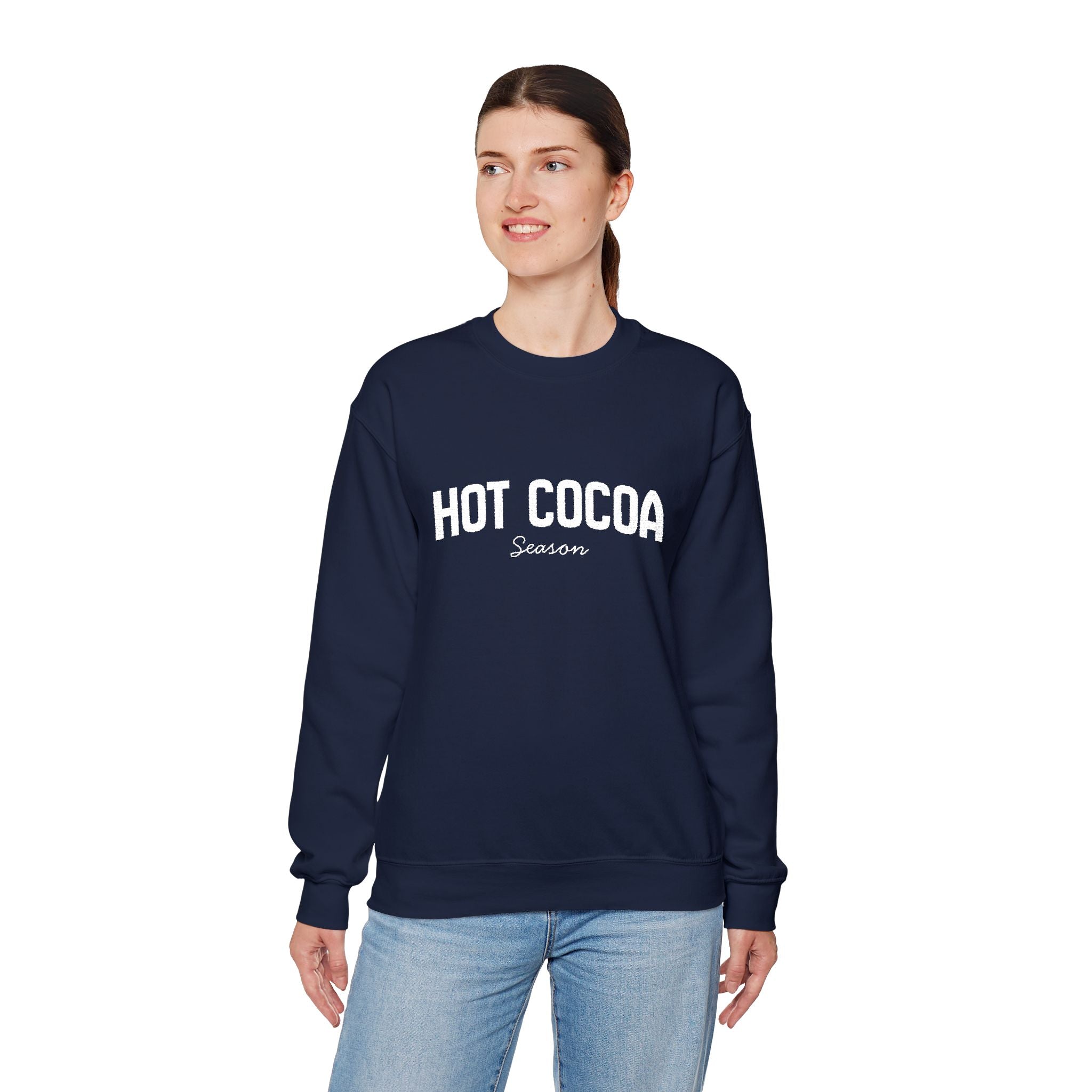 Hot Cocoa Season Embroidered Sweatshirt – Cozy Unisex Winter Crewneck for Holiday & Cold Weathe