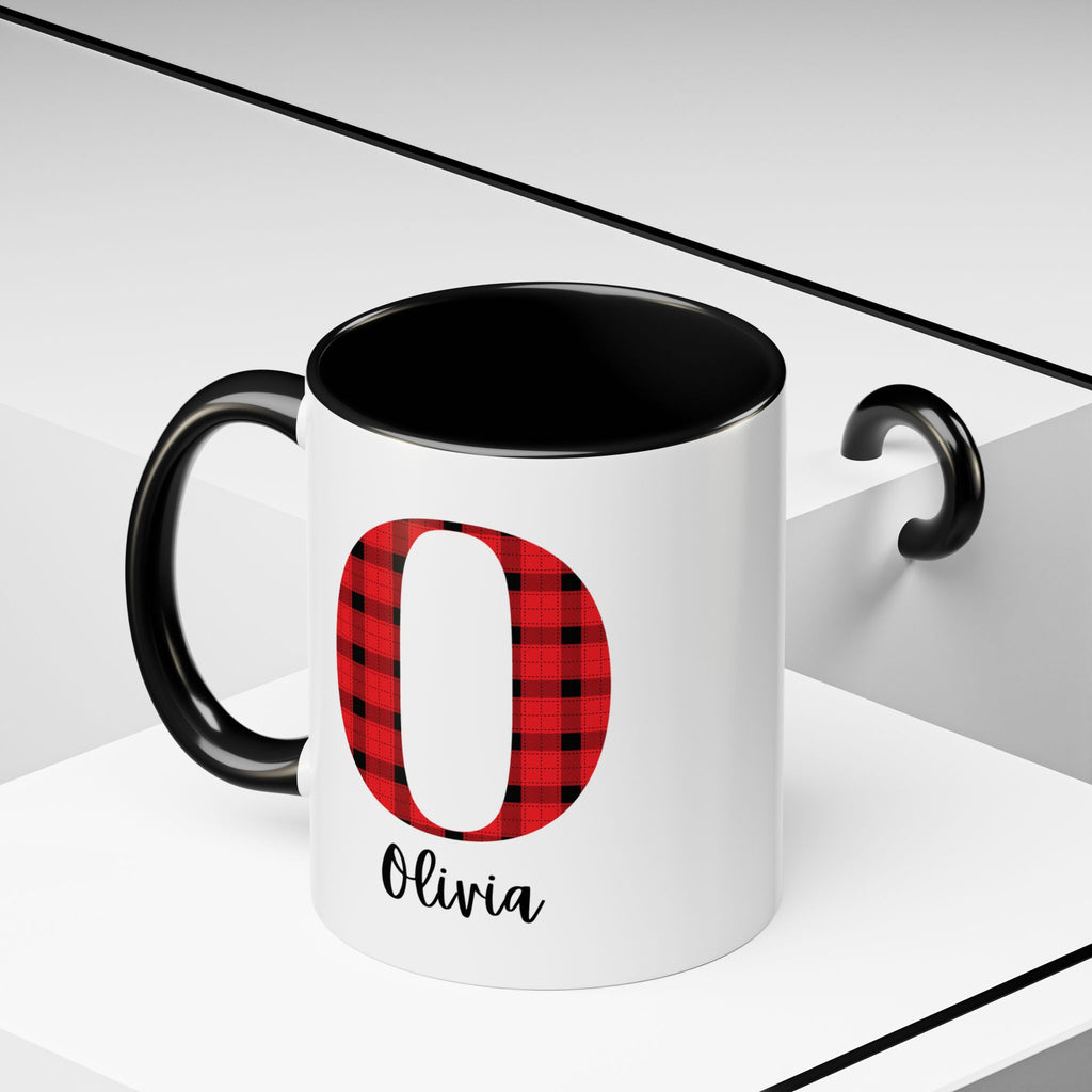 Personalized Buffalo Plaid Initial Mug – Custom Name Accent Coffee Mug (11/15oz), Cozy Winter & Christmas Gift