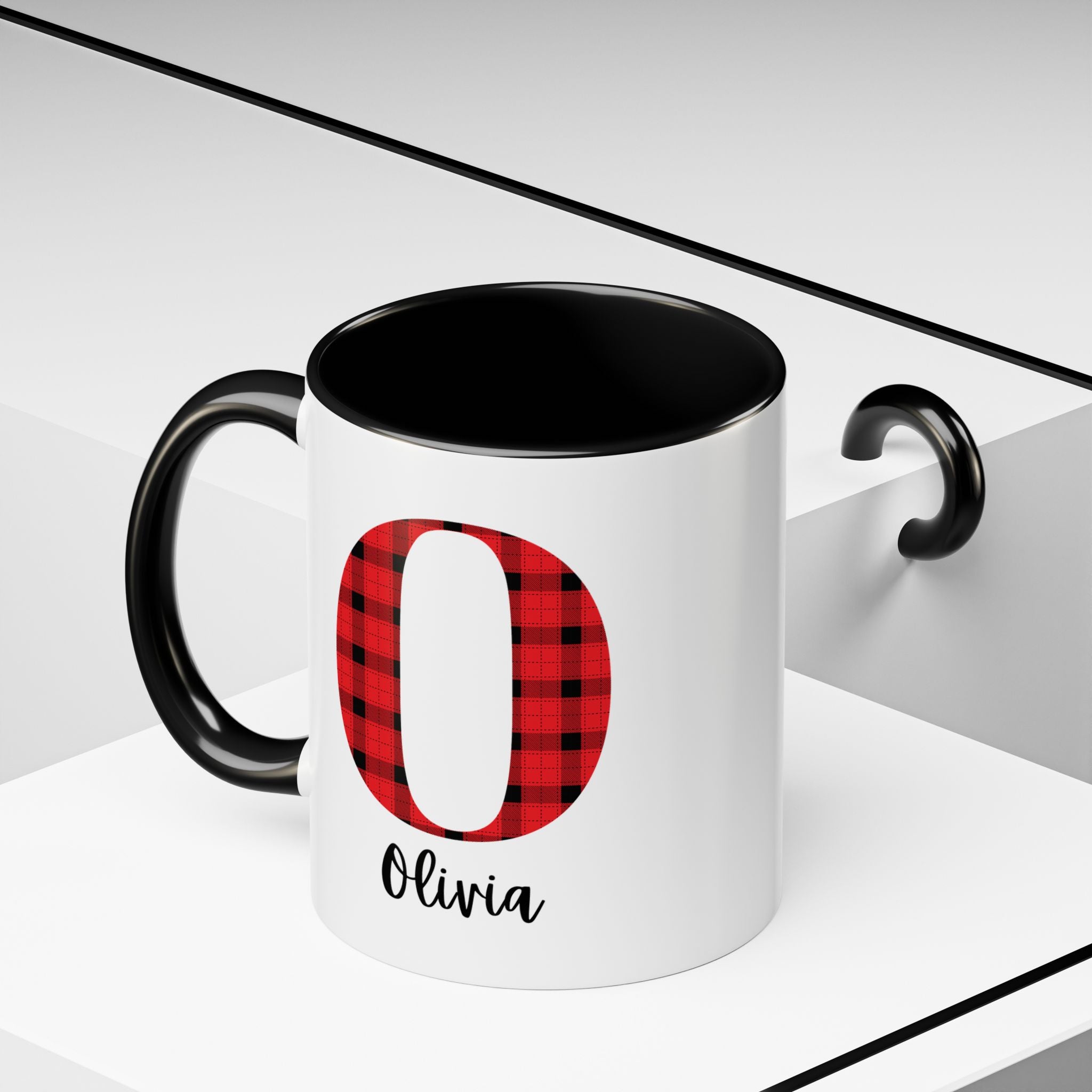 Personalized Buffalo Plaid Initial Mug – Custom Name Accent Coffee Mug (11/15oz), Cozy Winter & Christmas Gift