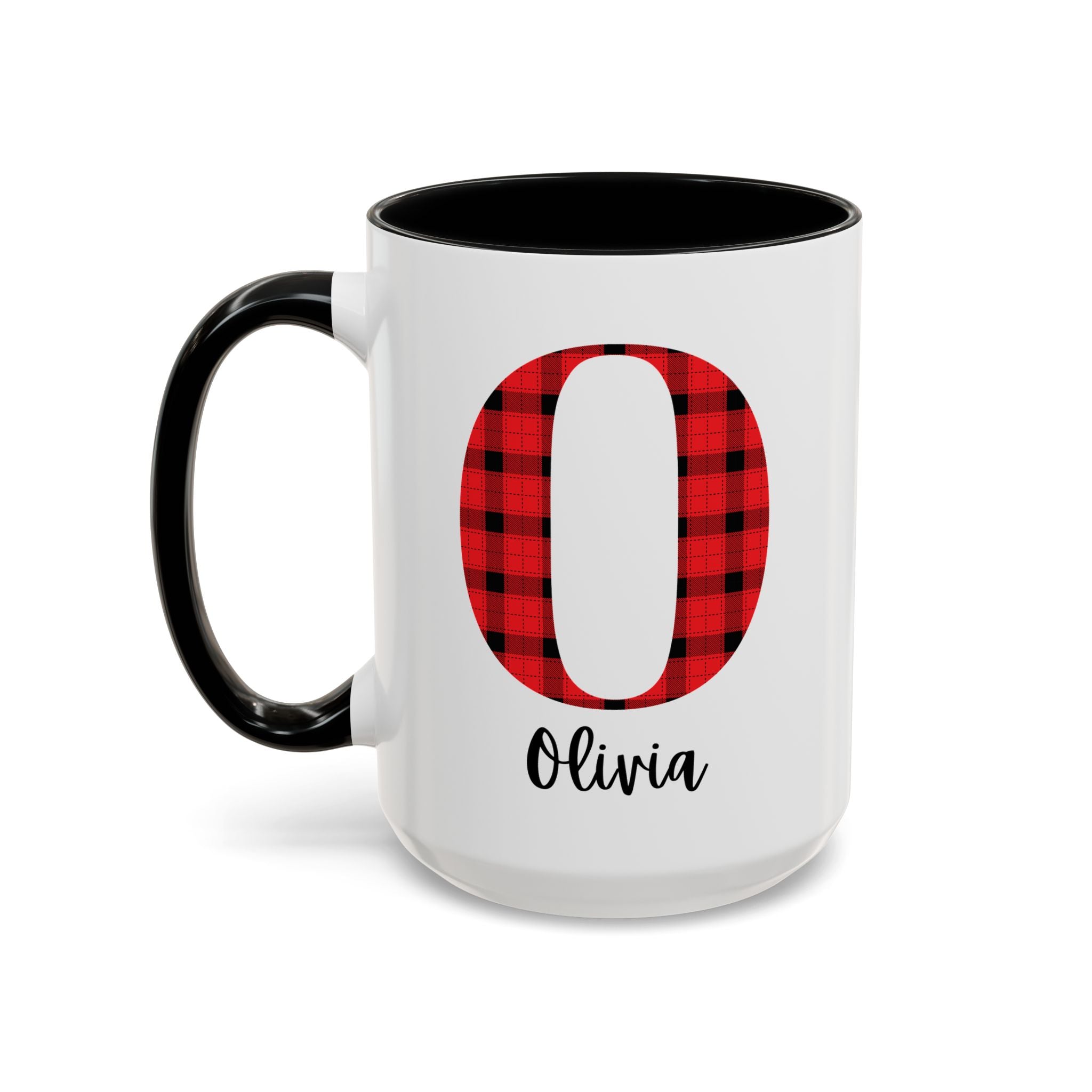Personalized Buffalo Plaid Initial Mug – Custom Name Accent Coffee Mug (11/15oz), Cozy Winter & Christmas Gift