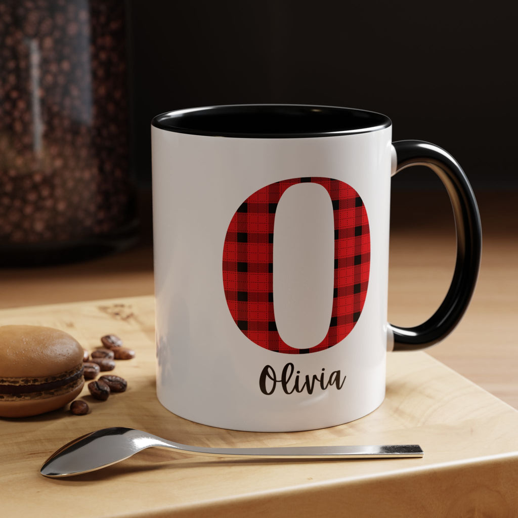 Personalized Buffalo Plaid Initial Mug – Custom Name Accent Coffee Mug (11/15oz), Cozy Winter & Christmas Gift