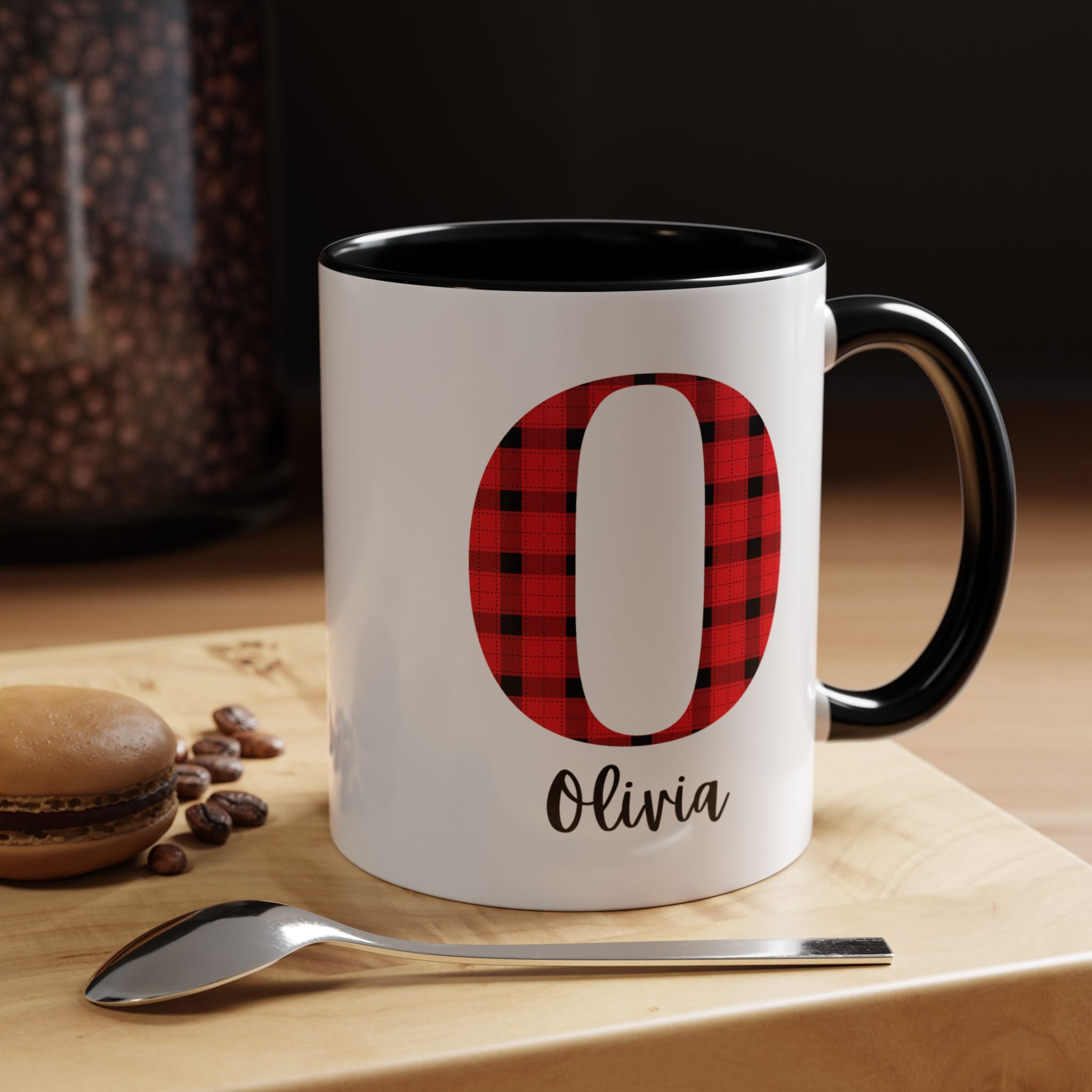 Personalized Buffalo Plaid Initial Mug – Custom Name Accent Coffee Mug (11/15oz), Cozy Winter & Christmas Gift