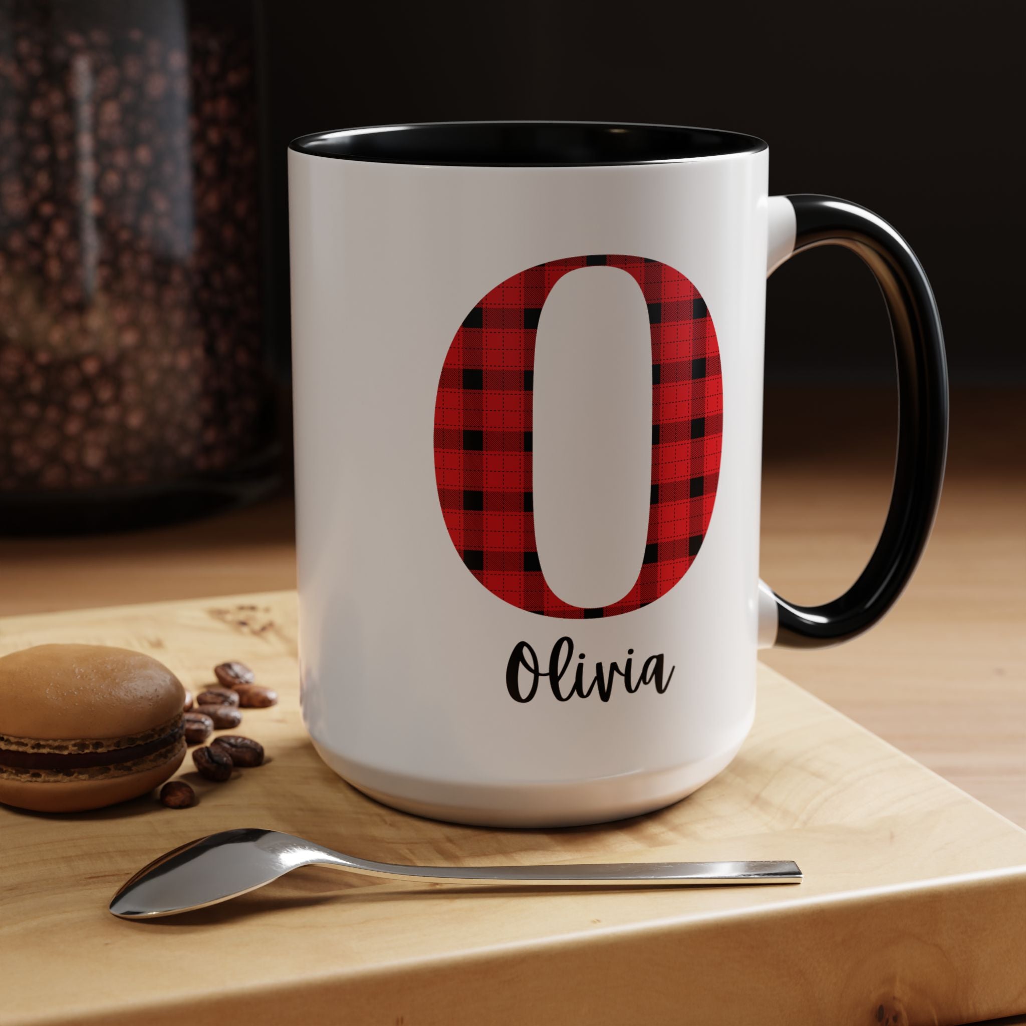 Personalized Buffalo Plaid Initial Mug – Custom Name Accent Coffee Mug (11/15oz), Cozy Winter & Christmas Gift