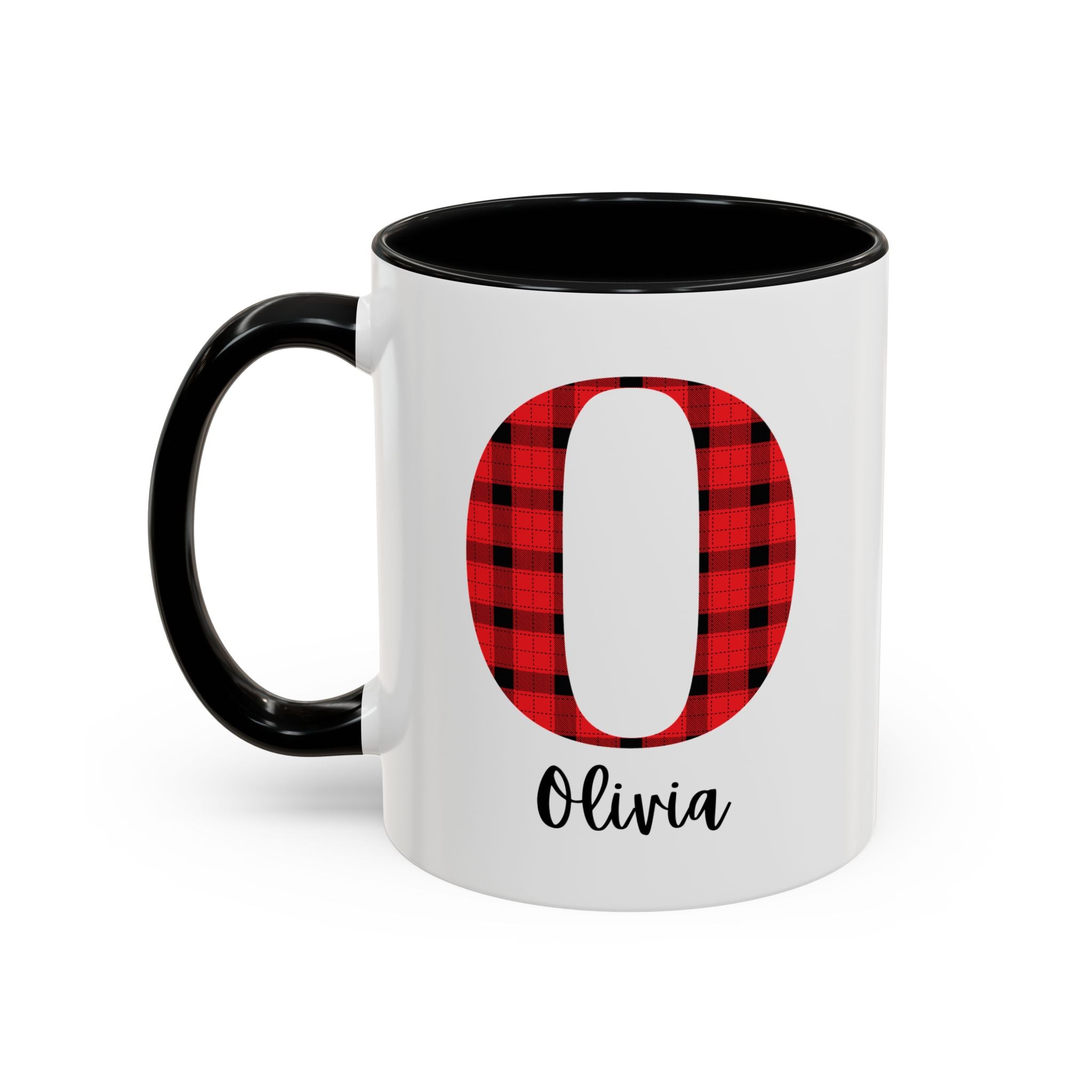 Personalized Buffalo Plaid Initial Mug – Custom Name Accent Coffee Mug (11/15oz), Cozy Winter & Christmas Gift